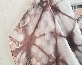 Botanical handmade art, shibori geometric motifs, silk long scarves, without chemicals, eco light brown colours, plant dye, Horizon Patterns