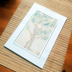 Big greeting card with gold tree, anniversary greet card, collection card with silk, hand painted card with silk insert, paint blooming tree