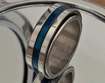 Spinner Anxiety Ring Blue Stripe, Worry Ring ,Rotating Ring, Fidget Ring, , Spin Rings, Meditation Ring