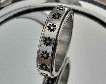 Silver Spinner Ring Flower Power,  Meditation Ring, Spinning Ring, Rotating Ring, Fidget Ring, Worry Ring, Spin Ring
