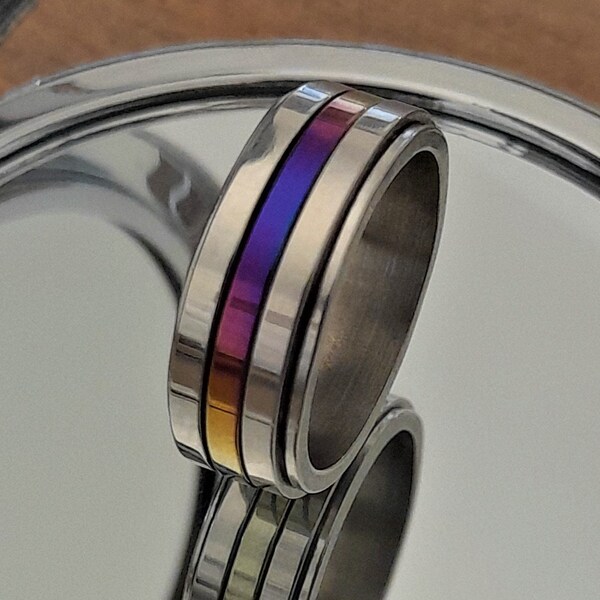 Spinner Ring Rainbow Stripe, Anxiety Rings, Worry Ring ,Rotating Ring, Fidget Ring, , Spin Rings, Meditation Ring