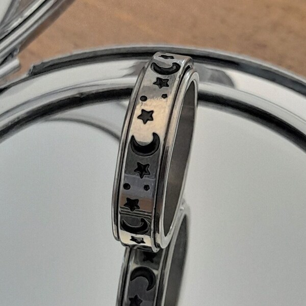 Silver Spinner Ring Moon & Stars , Anxiety Ring ,Meditation Ring, Spinning Ring, Rotating Ring, Fidget Ring, Worry Ring, Spin Ring