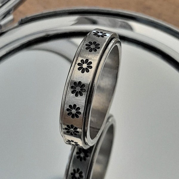 Silver Spinner Ring Flower Power,  Meditation Ring, Spinning Ring, Rotating Ring, Fidget Ring, Worry Ring, Spin Ring