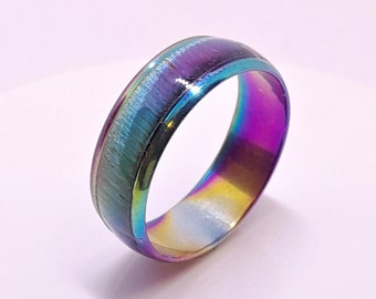 Colourful Rainbow Effect Rings, All colours of the Rainbow Change In The Light, Vivid Colours Strong And Bright Cats Eye Style Rings.