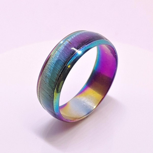 Colourful Rainbow Effect Rings, All colours of the Rainbow Change In The Light, Vivid Colours Strong And Bright Cats Eye Style Rings.