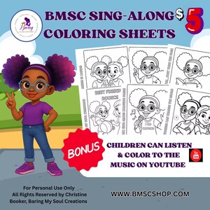 May include: An advertisement for BMSC Sing-Along Colouring Sheets. The image shows a cartoon girl with purple hair and glasses, giving a peace sign. Text includes "BMSC Sing-Along Colouring Sheets" and "Children can listen & colour to the music on YouTube."
