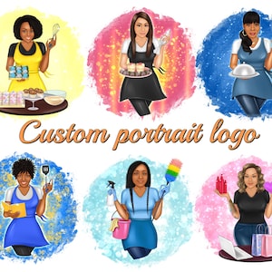 Logo de portrait personnalisé, portrait de logo de dessin animé, avatar personnalisé, logo d’entreprise, boulanger, nourriture, nettoyage, cuisine, ustensiles, dépoussiéreur, seau, bonbons