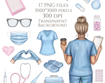 Conjunto de imágenes prediseñadas de enfermeras en acuarela / Paquete PNG de trabajadores médicos / Ilustración de atención médica, gráficos de médicos y hospitales para sublimación e imprimibles