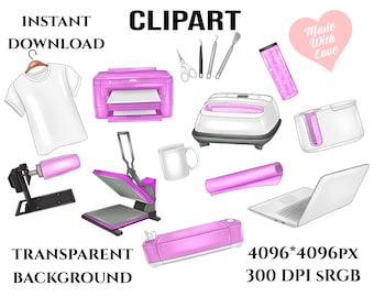 May include: A digital illustration of a pink and white heat press, a pink and white mug press, a pink and white printer, a pink and white cutting machine, a pink and white tumbler, a pink and white t-shirt, a pink and white laptop, a pink and white roll of vinyl, a pink and white mug, a pink and white pair of tweezers, a pink and white spatula, a pink and white pair of scissors, and a pink and white heart with the text "Made with Love". The image is set against a white background. The text "INSTANT DOWNLOAD" and "TRANSPARENT BACKGROUND" are also included in the image. The image is 4096 x 4096 pixels and 300 DPI.