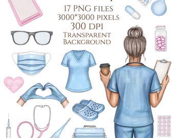 Conjunto de imágenes prediseñadas de enfermeras en acuarela / Paquete PNG de trabajadores médicos / Ilustración de atención médica, gráficos de médicos y hospitales para sublimación e imprimibles