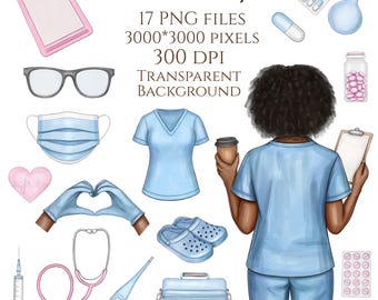 Conjunto de imágenes prediseñadas de enfermeras en acuarela / Paquete PNG de trabajadores médicos / Ilustración de atención médica, gráficos de médicos y hospitales para sublimación e imprimibles