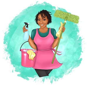 Logo de portrait de bande dessinée, logo de bande dessinée, entreprise de bande dessinée, femme de ménage, entreprise de nettoyage, portrait de logo, logo d'artisan, création de logo, logo de caricature