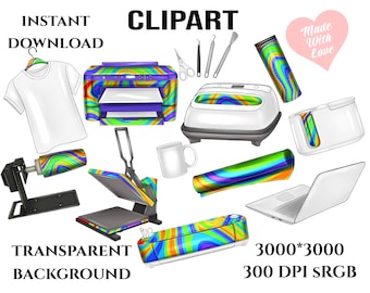 Puede incluir: Un conjunto de clipart de diseño digital con un patrón de remolino arcoíris. El conjunto incluye una camiseta, una taza, una computadora portátil, una prensa de calor, una máquina de corte, un rollo de vinilo, un vaso y una herramienta de deshierbe. El diseño es de 3000 x 3000 píxeles y 300 DPI. El fondo es transparente.