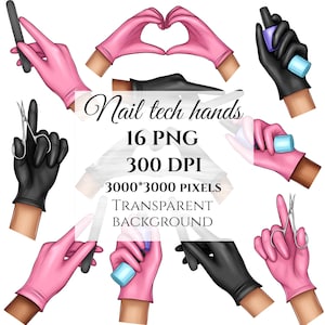 May include: A set of 16 digital illustrations of hands in pink and black gloves holding various nail tools, including nail clippers, nail files, and nail polish bottles. The images are 3000 x 3000 pixels and have a transparent background. Nail tech hands 16 PNG 300 DPI 3000*3000 PIXELS TRANSPARENT BACKGROUND