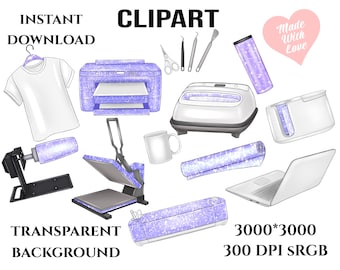 May include: A set of digital clipart images featuring various tools and supplies for creating custom apparel and accessories. The images include a heat press, a t-shirt, a mug, a laptop, a glitter-covered tumbler, a roll of glitter vinyl, and a printer. The images are set against a white background and have a transparent background.