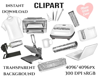 May include: A digital design clipart set featuring a variety of items for creating custom apparel and accessories. The set includes a heat press, a mug press, a t-shirt, a laptop, a tumbler, a cutting mat, a Cricut machine, and a set of tools. The items are all silver and have a glittery finish. The text "CLIPART" is at the top of the image. The text "Made with Love" is in a pink heart at the top right of the image. The text "TRANSPARENT BACKGROUND" is at the bottom left of the image. The text "4096*4096PX 300 DPI SRGB" is at the bottom right of the image.