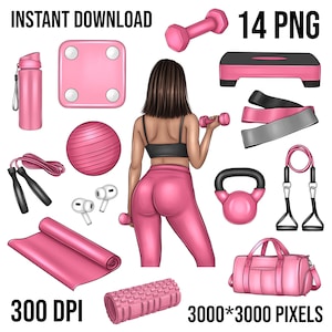 Clipart fille fitness, fournitures de sport, salle de sport, ballon en forme, bouteille d'hydratation, tubes de résistance, rouleau de massage, poids, balance, corde à sauter, carte de yoga