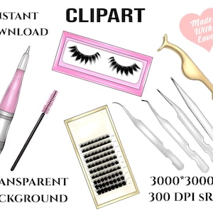 Herramientas para pestañas PNG, descarga para sublimación, clipart para tarjetas de presentación, salón de belleza, cejas, pestañas, pinzas