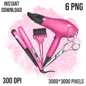 Hair stylist’s set, Hair extensions business PNG, download for sublimation, t-shirt print, hairstyle tools, hair dryer, hair straightener