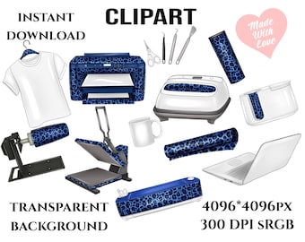 May include: A digital design clipart set featuring a blue and white leopard print design. The set includes a t-shirt, a mug, a heat press, a cutting machine, a laptop, a tumbler, and a set of tools. The design is 4096 x 4096 pixels and 300 DPI.