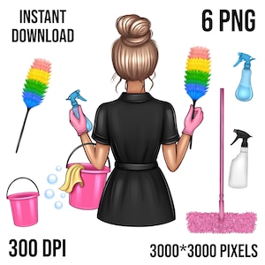 May include: A digital illustration of a woman in a black dress holding a rainbow duster and a spray bottle. There are also images of a pink bucket, a pink mop, a spray bottle, and a rainbow duster.