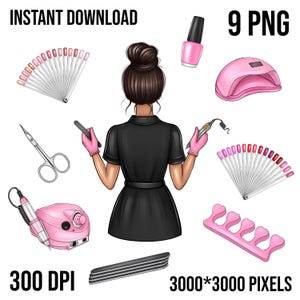 May include: A digital illustration of a nail technician with a black dress and pink nail polish. The image includes various tools for nail care, such as a nail file, cuticle pusher, nail clippers, and a UV lamp. The image also includes a color chart with various shades of pink nail polish.