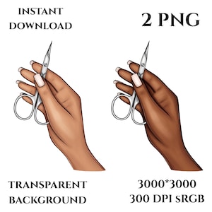 Clipart PNG, hands with manicure scissors, nail master supplies, different skin colors, woman hands, manicure supplies, nail technician