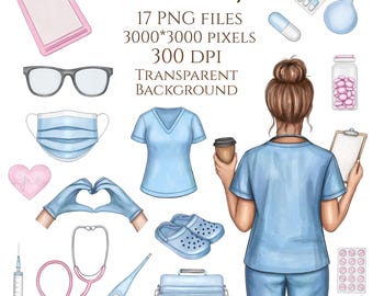 Conjunto de imágenes prediseñadas de enfermeras en acuarela / Paquete PNG de trabajadores médicos / Ilustración de atención médica, gráficos de médicos y hospitales para sublimación e imprimibles