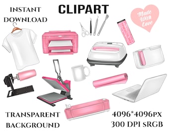 Puede incluir: Un conjunto de herramientas de diseño digital rosa y blanco para crear ropa y manualidades personalizadas. El conjunto incluye una prensa de calor, una máquina de corte Cricut, una prensa de tazas, una impresora de sublimación, una camiseta, una computadora portátil, un cortador de vinilo y un conjunto de herramientas. La imagen incluye el texto "Made with Love" y "4096*4096PX 300 DPI SRGB".