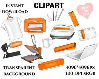 Puede incluir: Un conjunto de imágenes de clipart digital para manualidades y diseño. Las imágenes incluyen una prensa de calor, una camiseta, una taza, una computadora portátil, una máquina de corte, una impresora, un rollo de vinilo, un vaso, una herramienta de deshierbe, un raspador, unas pinzas y un corazón con el texto "Made with Love".