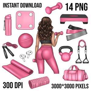 Fitness girl clipart, sport supplies, gym, fit ball, hydration bottle, resistance tubes, massage roller, weight, scales, jump rope, yoga map