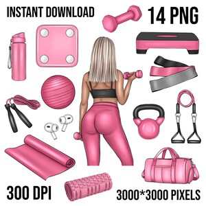 Clipart fille fitness, fournitures de sport, salle de sport, ballon en forme, bouteille d'hydratation, tubes de résistance, rouleau de massage, poids, balance, corde à sauter, carte de yoga