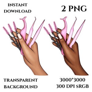 Clipart PNG, mains avec une pince à épiler, fournitures pour maquilleurs, extensions de cils, différentes couleurs de peau, mains de femme, baguettes pour cils, pinceaux