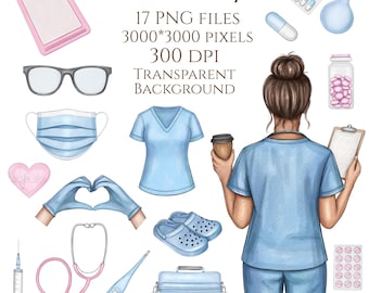 Conjunto de imágenes prediseñadas de enfermeras en acuarela / Paquete PNG de trabajadores médicos / Ilustración de atención médica, gráficos de médicos y hospitales para sublimación e imprimibles