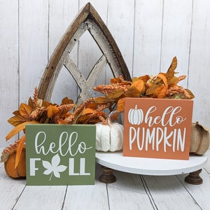 Hello Pumpkin Wood Sign, Hello Fall Wood Sign, Autumn Shelf Sitter, Fall Mantel Decor, Fall Tiered Tray Sign, Small Wooden Sign
