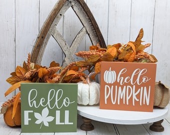 Hello Pumpkin Wood Sign, Hello Fall Wood Sign, Autumn Shelf Sitter, Fall Mantel Decor, Fall Tiered Tray Sign, Small Wooden Sign