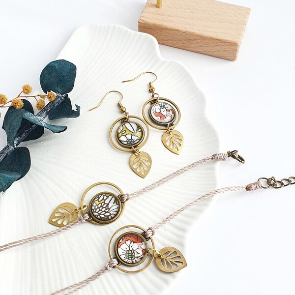 Automne 秋 - Boucles d'oreilles et Bracelet avec tissu Liberty et pendants en forme de feuille