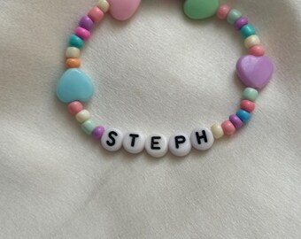 Personalised Pastel Rainbow Heart Seed Bead Bracelet: Girls Toddler Gift Stocking filler gift Party Favours