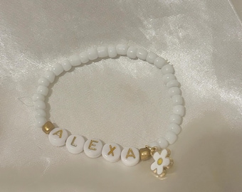 Personalised dainty flower girl bracelet flower girl girl wedding train gift flower girl charm bracelet white beaded bracelet keepsake