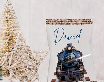 Personalised Blue Christmas Train Crisp Packet  | Empty Treat Pouch | Festive Train Sweet Bag | Christmas Eve Box Filler for Kids
