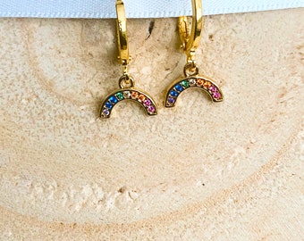 Rainbow huggie  hoop earrings cubic zirconia rainbow Over the Rainbow Huggies hoop earrings 18k gold plated huggie hoops