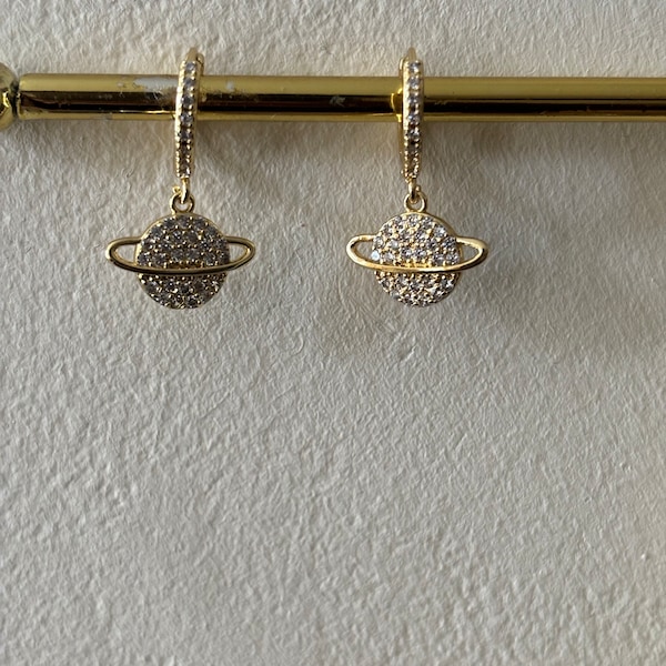 18 k Gold Saturn planet earrings  huggie hoops cubic zirconia Saturn hoop earrings celestial space theme earrings cool earrings mini hoops