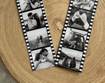 May include: Two black and white photo strips with images of a couple in different poses. The strips are designed to look like film negatives and have a black and white checkered pattern.