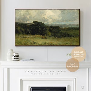 Arquivo de arte de TV Samsung Frame, Vintage Farmhouse Green Landscape DIGITAL Download Pintura, Fazenda Animais Vacas Campo Pasto Capa de arte de TV