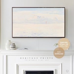 Samsung Frame TV Art, Beach House Style Watercolor Vintage Ocean Landscape Painting for frame TV, Light Blue Summer Sailing Digital TV Art