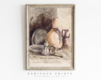 Neutral Still Life Print, Printable Vintage Watercolor Art, Antique Kitchen Wall Art Instant Download, Muted Colors Rustic French Wall Decor
