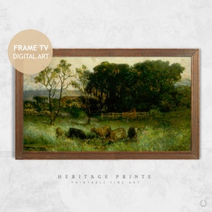 Samsung Frame TV Art, Fazenda Vintage Paisagem Pintura a óleo Arte digital para TV download instantâneo, Vaca Gado País Paisagem TV Imagem