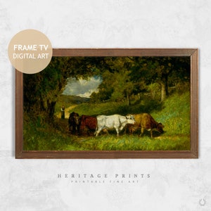 Samsung Frame TV Art, Cow Gado Country Landscape TV Image, Farmhouse Vintage Landscape Pintura a óleo Arte digital para TV download instantâneo
