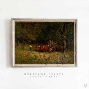 Cattle Grazing on Meadows Vintage Oil Painting Digital Download, Rustic Farmhouse Decor Wall Decor, Retro Cow Painting Printable Wall Art