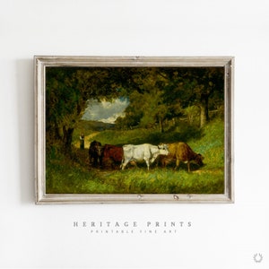 Antique Cow Oil Painting Printable Digital Download, Farmhouse Rustic Wall Art, Vintage Farm Cattle Print, Downloadable Fine Art, Retro Gift